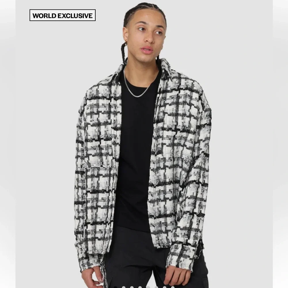 MNML Men’s Raw Edge Flannel Shirt White And‎ Black Size Small